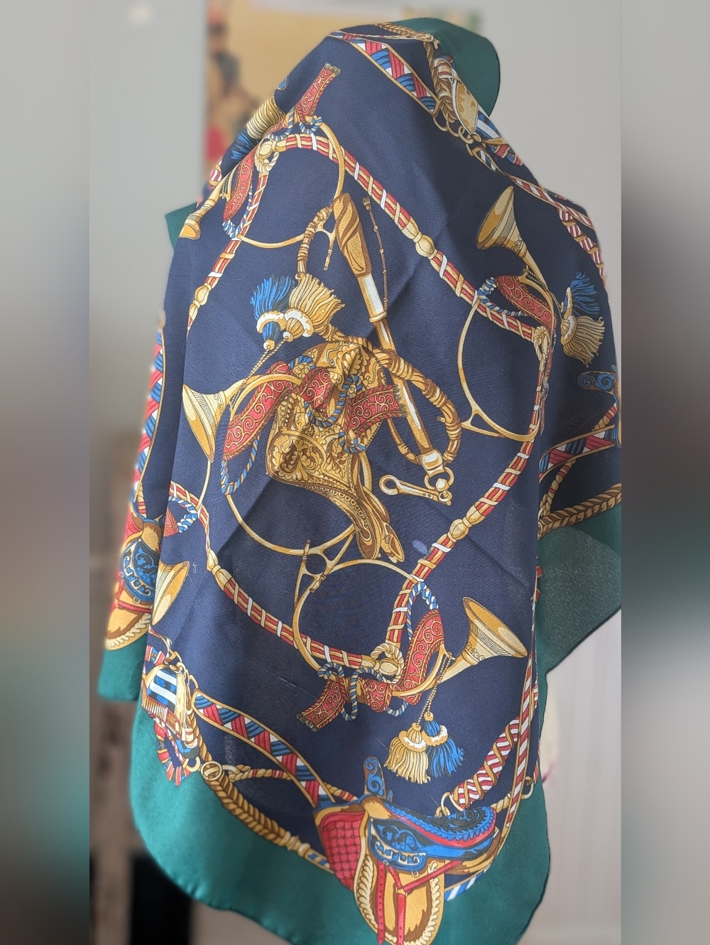 OLGA Greco Printed Scarf in Navy, Emerald & Gold - Picture 5 of 10
